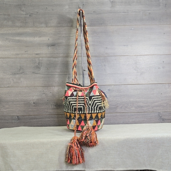 Wayuu Tribe Handmade Tapestry Rhinestone Drawstring Tote Shoulder Bag Purse - Picture 1 of 11